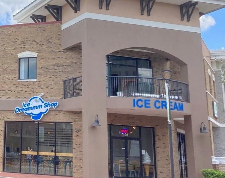 Ice Dreammm Shop storefront at The Grove at Wesley Chapel, with its logo sign and Ice Cream lettering